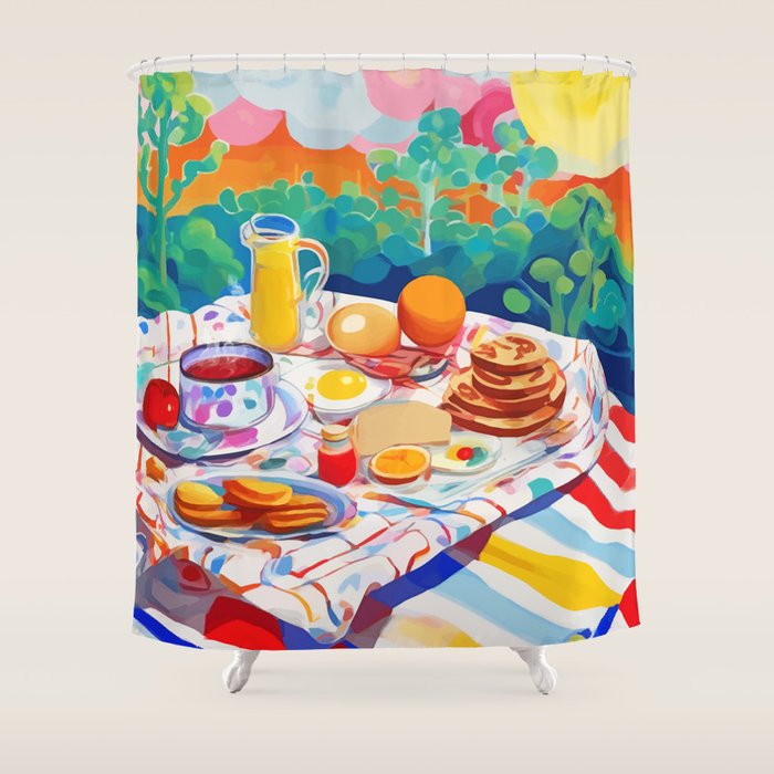 Breakfast Picnic, Food Travel Colorful Tea Party, Toast Pancakes Jam Eggs, Sunny Side Up Bohemian Painting Shower Curtain Gallery Image 1