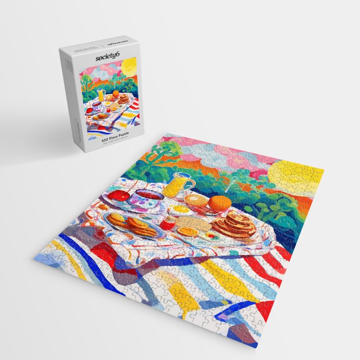 Breakfast Picnic, Food Travel Colorful Tea Party, Toast Pancakes Jam Eggs, Sunny Side Up Bohemian Painting Jigsaw Puzzle Gallery Image 2