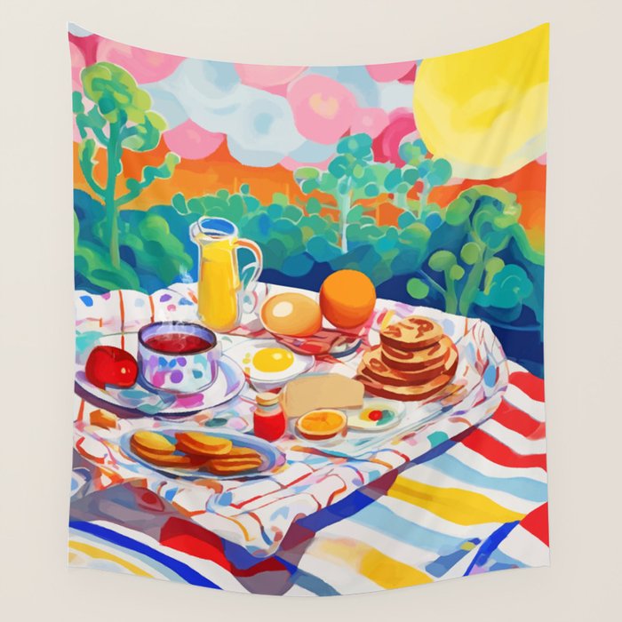 Breakfast Picnic, Food Travel Colorful Tea Party, Toast Pancakes Jam Eggs, Sunny Side Up Bohemian Painting Wall Tapestry Gallery Image 1