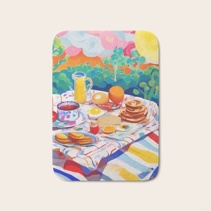Breakfast Picnic, Food Travel Colorful Tea Party, Toast Pancakes Jam Eggs, Sunny Side Up Bohemian Painting Bath Mat Gallery Image 1