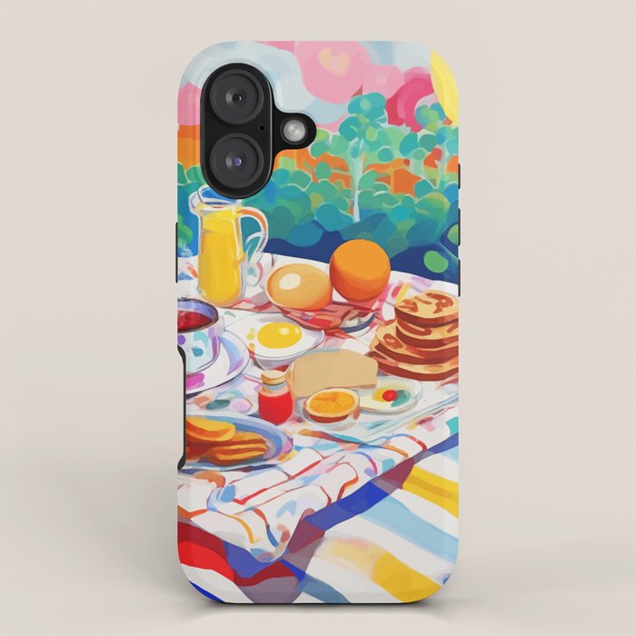 Breakfast Picnic, Food Travel Colorful Tea Party, Toast Pancakes Jam Eggs, Sunny Side Up Bohemian Painting iPhone Case Gallery Image 1
