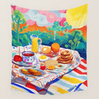 Breakfast Picnic, Food Travel Colorful Tea Party, Toast Pancakes Jam Eggs, Sunny Side Up Bohemian Painting Wall Tapestry Gallery Image 4