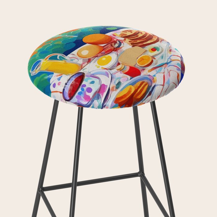 Breakfast Picnic, Food Travel Colorful Tea Party, Toast Pancakes Jam Eggs, Sunny Side Up Bohemian Painting Stool Gallery Image 2