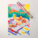 Breakfast Picnic, Food Travel Colorful Tea Party, Toast Pancakes Jam Eggs, Sunny Side Up Bohemian Painting Wrapping Paper Gallery Image 1