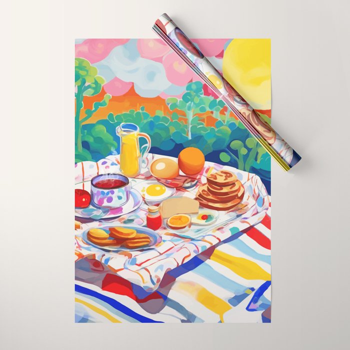 Breakfast Picnic, Food Travel Colorful Tea Party, Toast Pancakes Jam Eggs, Sunny Side Up Bohemian Painting Wrapping Paper Gallery Image 1
