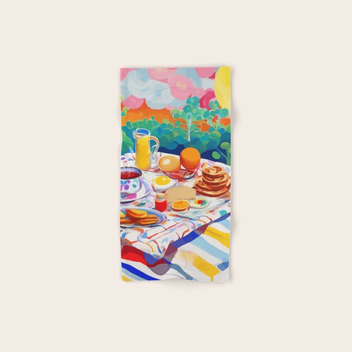 Breakfast Picnic, Food Travel Colorful Tea Party, Toast Pancakes Jam Eggs, Sunny Side Up Bohemian Painting Bath Towel Gallery Image 1