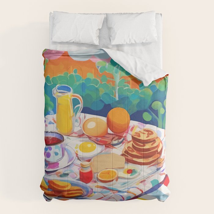 Breakfast Picnic, Food Travel Colorful Tea Party, Toast Pancakes Jam Eggs, Sunny Side Up Bohemian Painting Comforter Gallery Image 1