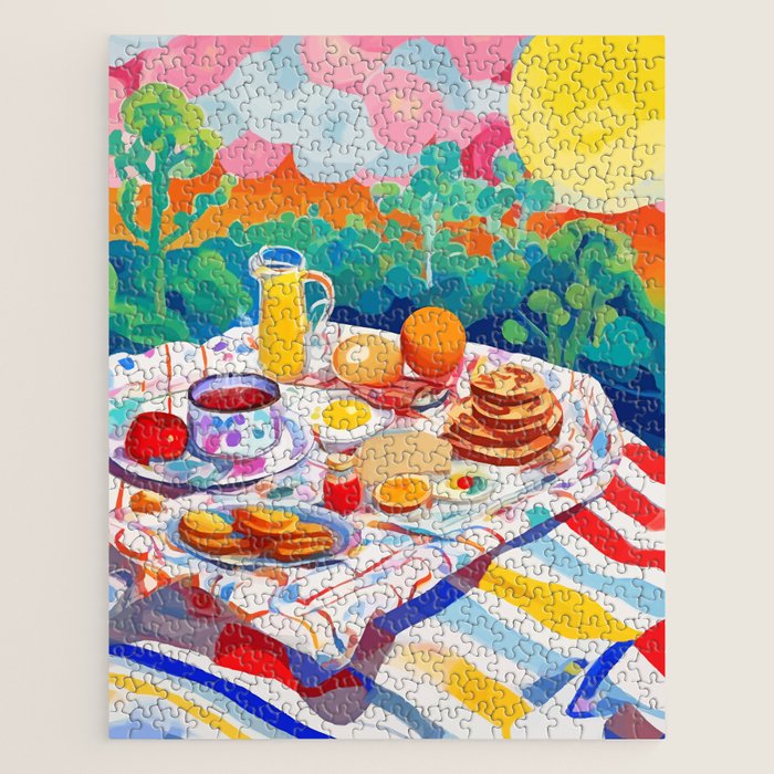 Breakfast Picnic, Food Travel Colorful Tea Party, Toast Pancakes Jam Eggs, Sunny Side Up Bohemian Painting Jigsaw Puzzle Gallery Image 1