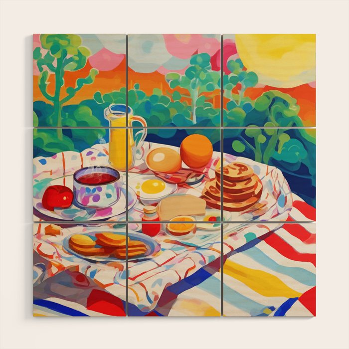 Breakfast Picnic, Food Travel Colorful Tea Party, Toast Pancakes Jam Eggs, Sunny Side Up Bohemian Painting Wood Wall Art Gallery Image 1