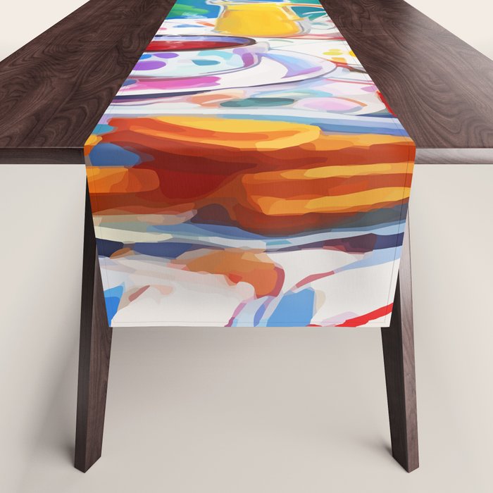 Breakfast Picnic, Food Travel Colorful Tea Party, Toast Pancakes Jam Eggs, Sunny Side Up Bohemian Painting Table Runner Gallery Image 1