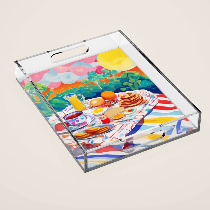 Breakfast Picnic, Food Travel Colorful Tea Party, Toast Pancakes Jam Eggs, Sunny Side Up Bohemian Painting Acrylic Tray Gallery Image 1