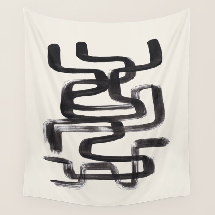 Mid Century Modern Minimalist Abstract Art Brush Strokes Black & White Ink Art Pipe Maze Wall Tapestry Gallery Image 1