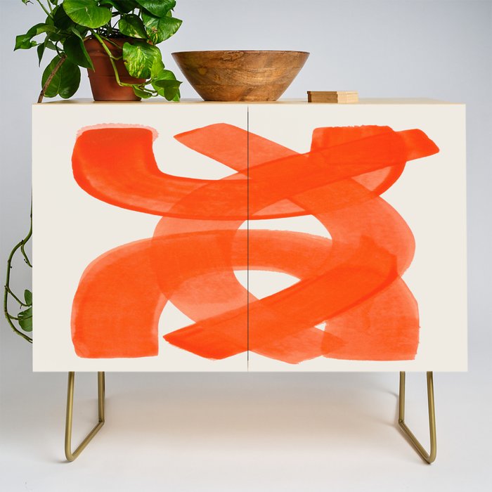 Mid Century Modern Abstract Painting Orange Watercolor Brush Strokes Credenza Gallery Image 1
