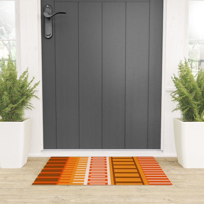 Retro 70s Brown and Orange Color Block Vertical Stripes Geometric Pattern Welcome Mat Gallery Image 3