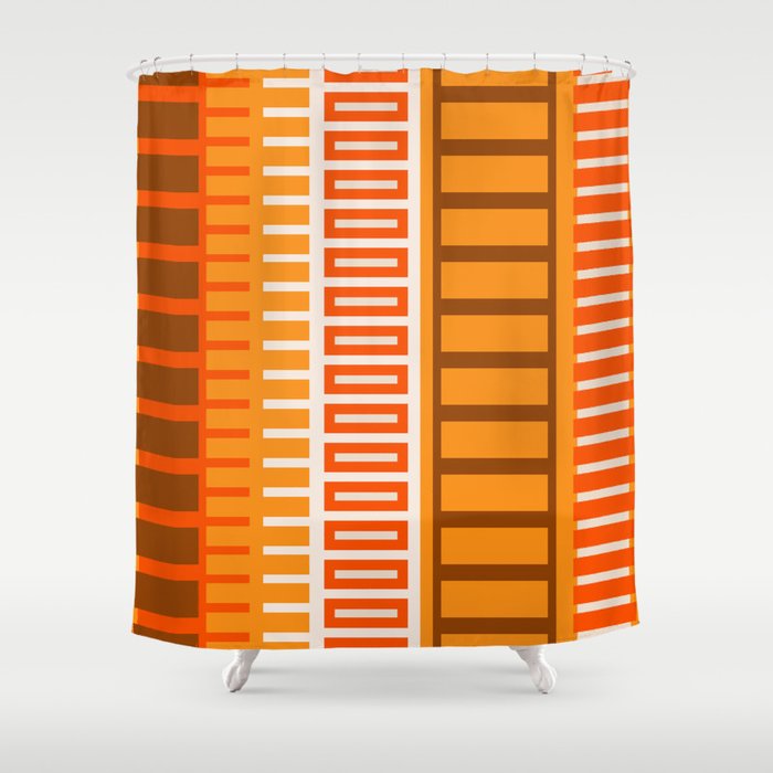 Retro 70s Brown and Orange Color Block Vertical Stripes Geometric Pattern Shower Curtain Gallery Image 1