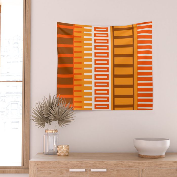 Retro 70s Brown and Orange Color Block Vertical Stripes Geometric Pattern Wall Tapestry Gallery Image 2