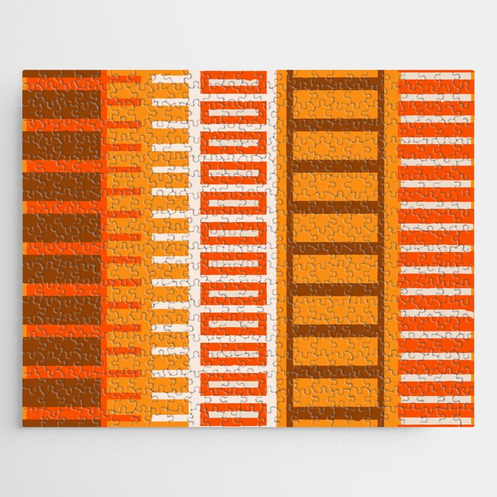 Retro 70s Brown and Orange Color Block Vertical Stripes Geometric Pattern Jigsaw Puzzle Gallery Image 1