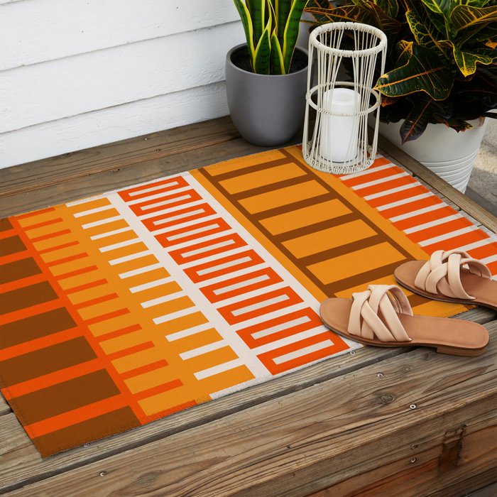 Retro 70s Brown and Orange Color Block Vertical Stripes Geometric Pattern Outdoor Rug Gallery Image 2