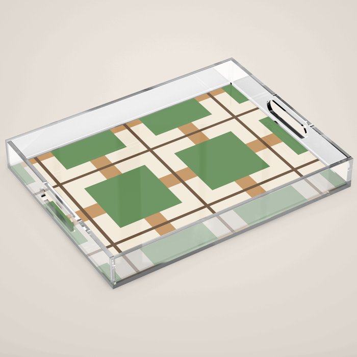 Retro Geometric Plaid Green Camel Acrylic Tray Gallery Image 1