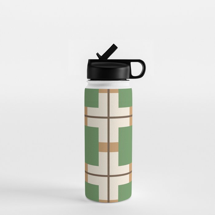 Retro Geometric Plaid Green Camel Water Bottle Gallery Image 1
