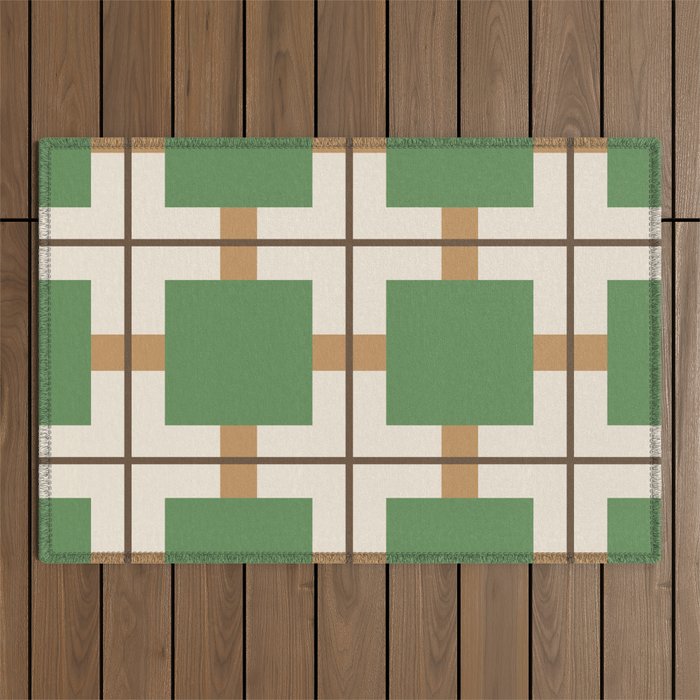 Retro Geometric Plaid Green Camel Outdoor Rug Gallery Image 1