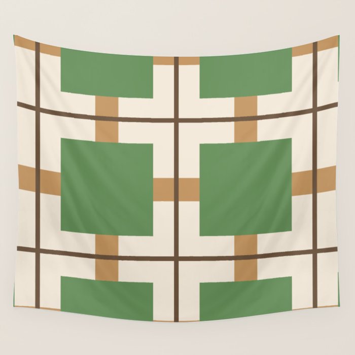 Retro Geometric Plaid Green Camel Wall Tapestry Gallery Image 1