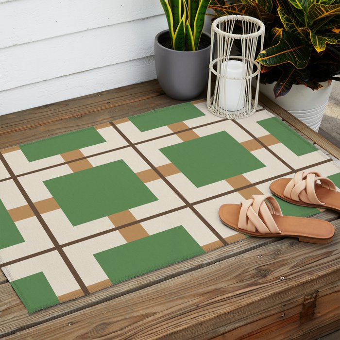 Retro Geometric Plaid Green Camel Outdoor Rug Gallery Image 2