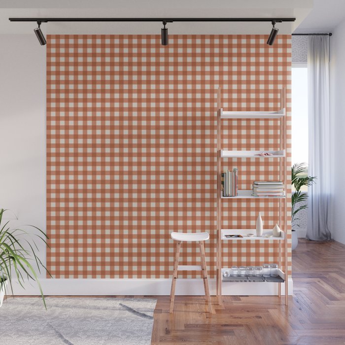 Gingham Plaid Pattern - Brick Red Wall Mural Gallery Image 1