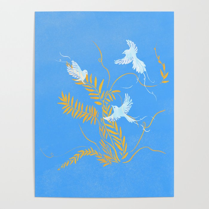 Willow Plants and Birds (blue) Poster Gallery Image 4