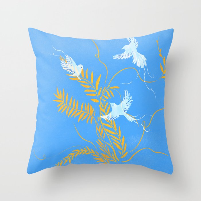 Willow Plants and Birds (blue) Throw Pillow Gallery Image 6