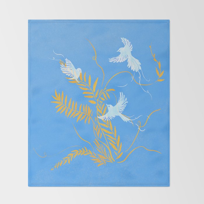 Willow Plants and Birds (blue) Throw Blanket Gallery Image 2