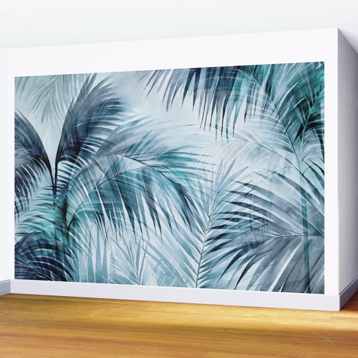 Blue Hour Tropical Retreat Palm Jungle Blue Wall Mural Gallery Image 2
