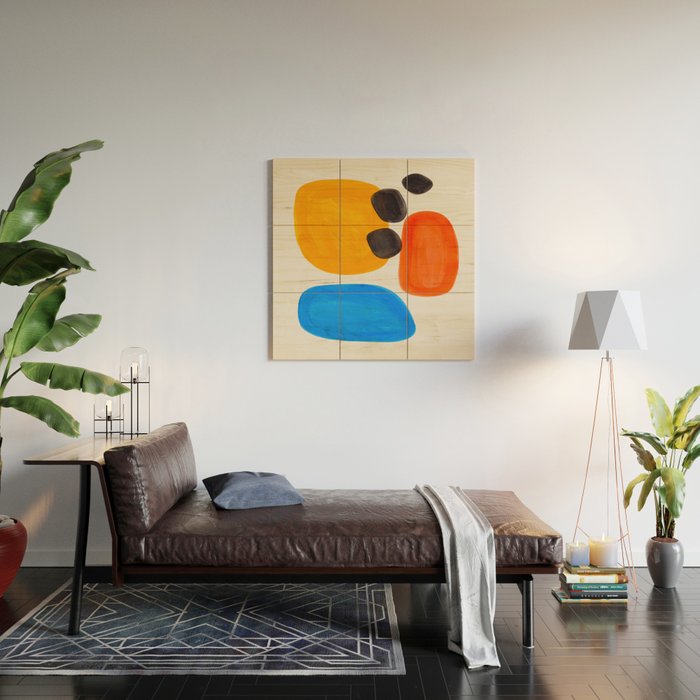 Minimalist Modern Mid Century Colorful Abstract Shapes Primary Colors Yellow Orange Blue Bubbles Wood Wall Art Gallery Image 2