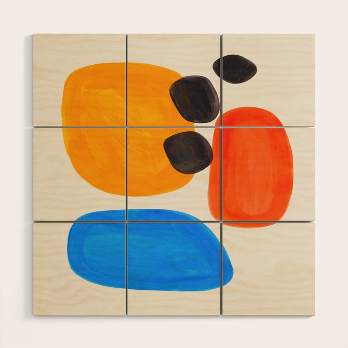 Minimalist Modern Mid Century Colorful Abstract Shapes Primary Colors Yellow Orange Blue Bubbles Wood Wall Art Gallery Image 1