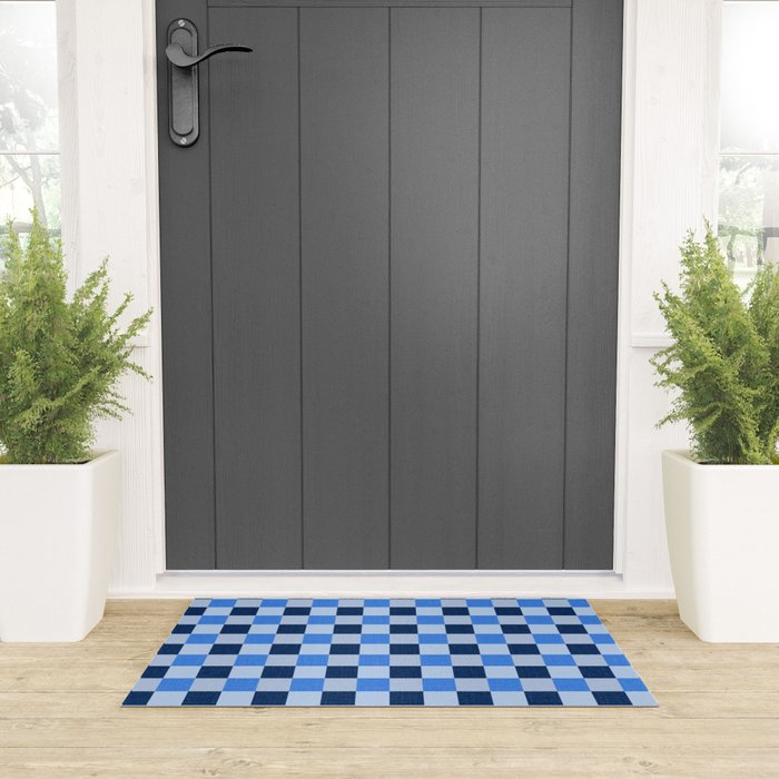 French Ocean Blue Checks Pattern Welcome Mat Gallery Image 3