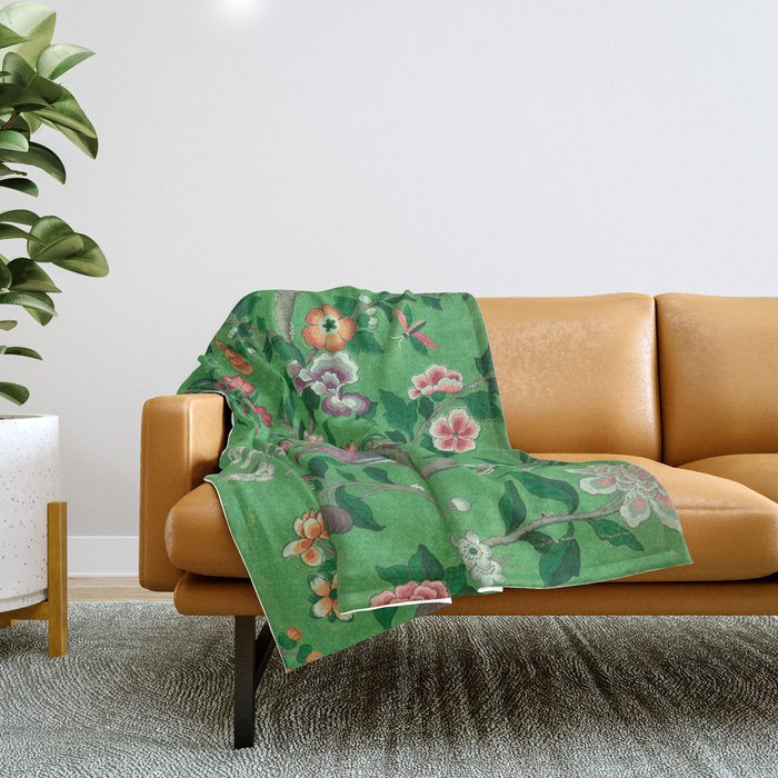Chinoiserie Magpie Botanical Garden Bright Green Throw Blanket Gallery Image 1