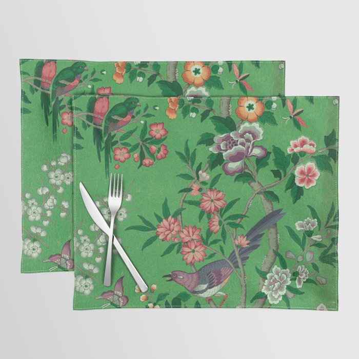 Chinoiserie Magpie Botanical Garden Bright Green Placemat Gallery Image 1