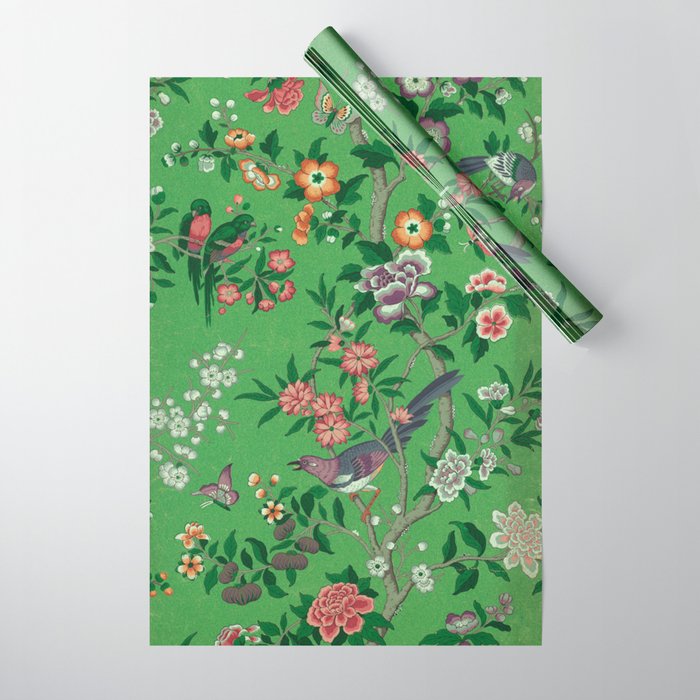 Chinoiserie Magpie Botanical Garden Bright Green Wrapping Paper Gallery Image 1