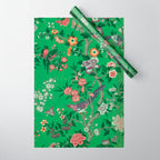 Chinoiserie Magpie Botanical Garden Bright Green Wrapping Paper Gallery Image 1