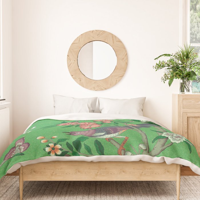 Chinoiserie Magpie Botanical Garden Bright Green Duvet Cover Gallery Image 3