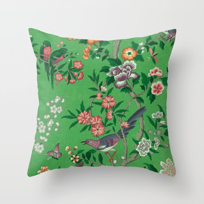 Chinoiserie Magpie Botanical Garden Bright Green Throw Pillow Gallery Image 6