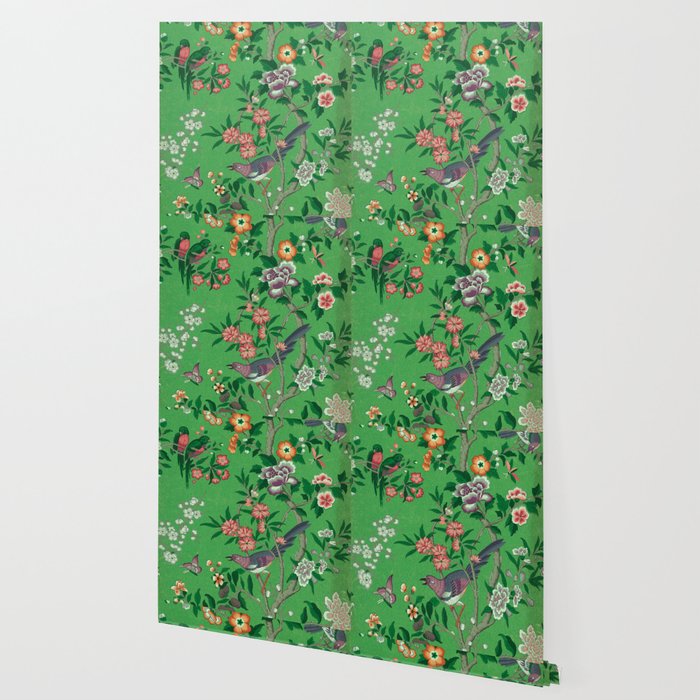 Chinoiserie Magpie Botanical Garden Bright Green Wallpaper Gallery Image 2