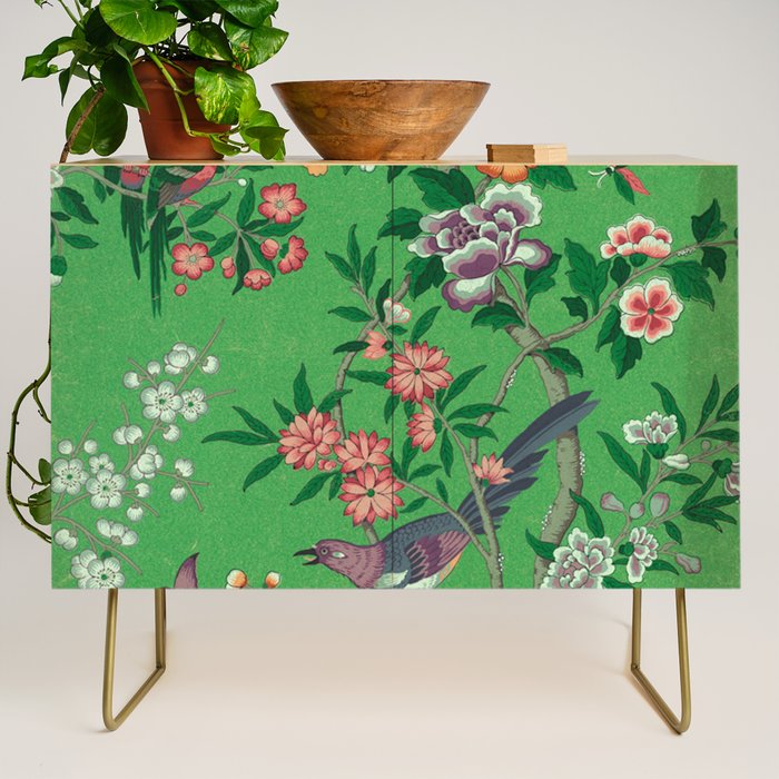 Chinoiserie Magpie Botanical Garden Bright Green Credenza Gallery Image 1