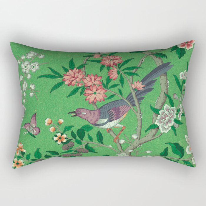 Chinoiserie Magpie Botanical Garden Bright Green Rectangular Pillow Gallery Image 2
