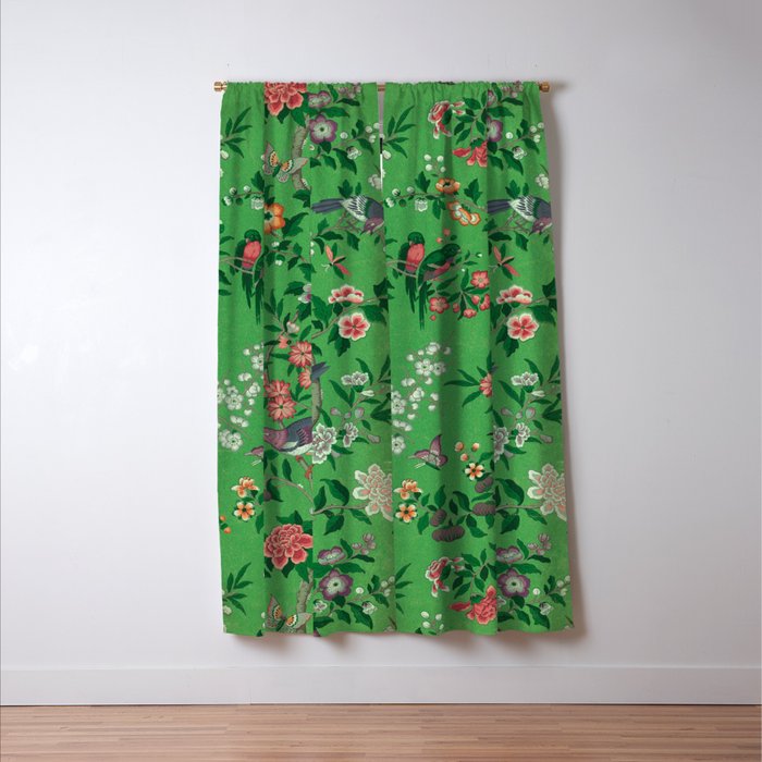 Chinoiserie Magpie Botanical Garden Bright Green Window Curtain Gallery Image 3