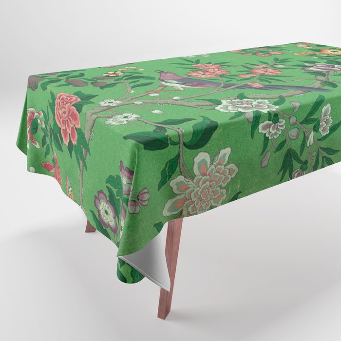 Chinoiserie Magpie Botanical Garden Bright Green Tablecloth Gallery Image 1