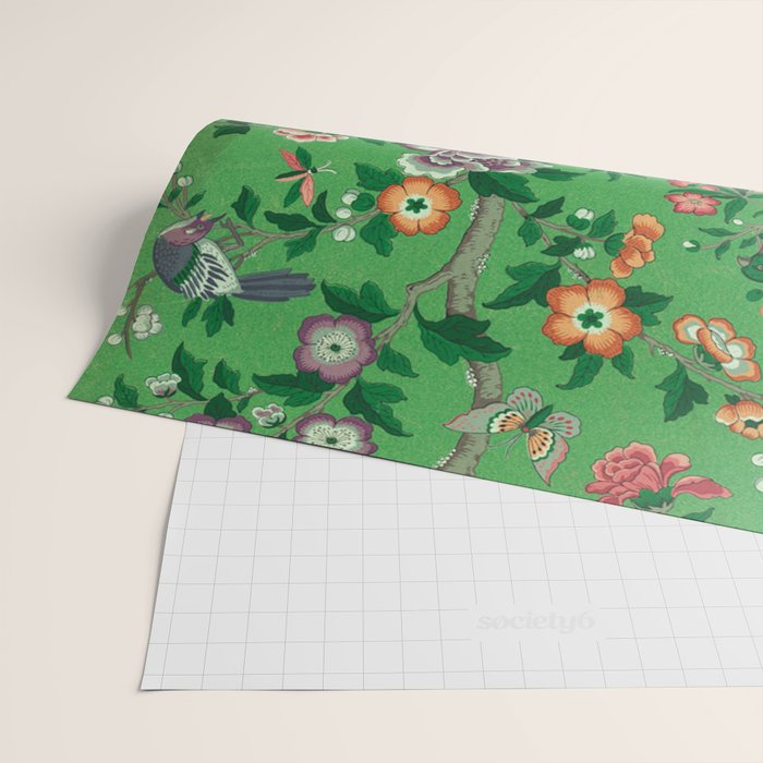Chinoiserie Magpie Botanical Garden Bright Green Wrapping Paper Gallery Image 2