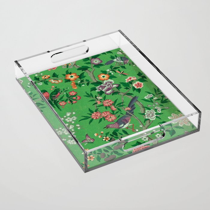 Chinoiserie Magpie Botanical Garden Bright Green Acrylic Tray Gallery Image 1