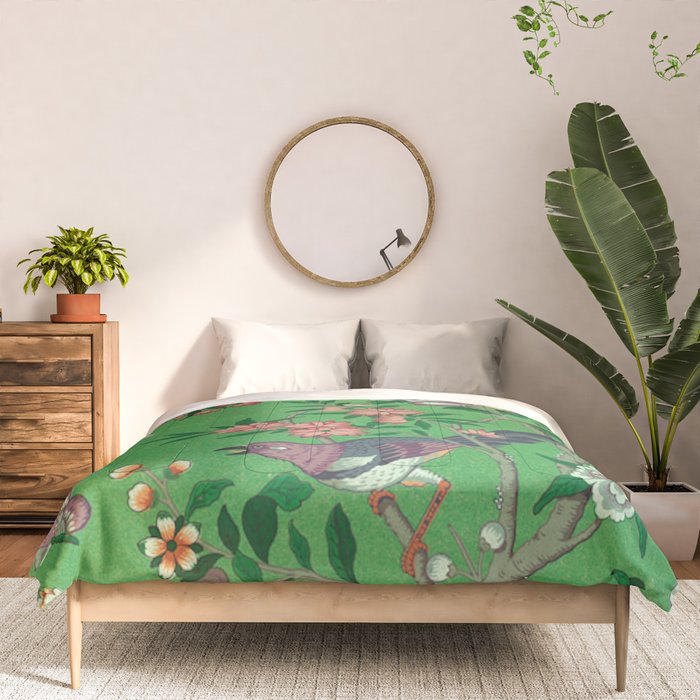 Chinoiserie Magpie Botanical Garden Bright Green Comforter Gallery Image 3