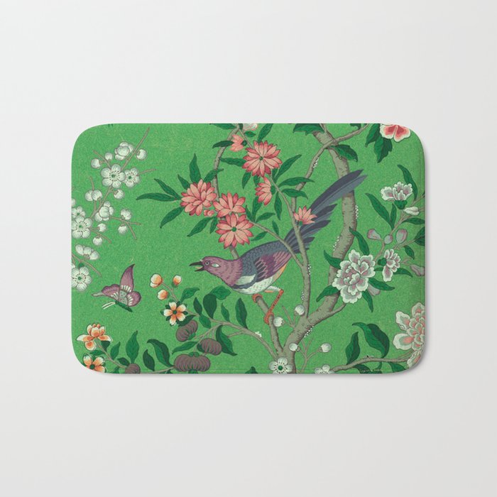Chinoiserie Magpie Botanical Garden Bright Green Bath Mat Gallery Image 1